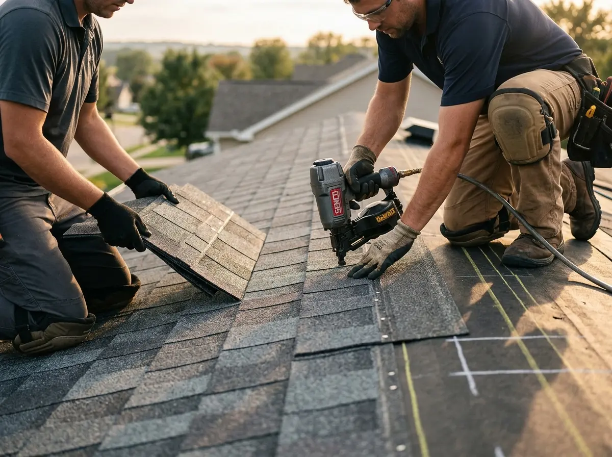 Professional roofer working on a residential roof in Ste. Genevieve